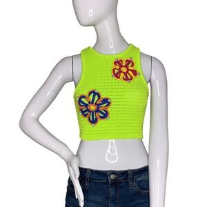 Zara Crochet Knit Crop Top Short Sleeveless Neon Green Size S
